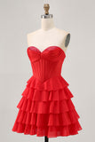 Red A Line Strapless Tiered Corset Short Homecoming Dress