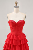 Red A Line Strapless Tiered Corset Short Homecoming Dress