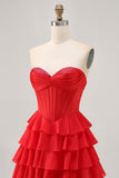 Red A Line Strapless Tiered Corset Short Homecoming Dress