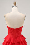 Red A Line Strapless Tiered Corset Short Homecoming Dress