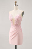 Blush Bodycon Strapless Corset Homecoming Dress with Appliques