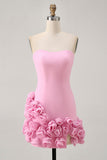 Pink Bodycon Strapless Short Homecoming Dress with 3D Flowers