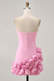 Pink Bodycon Strapless Short Homecoming Dress with 3D Flowers