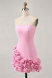 Pink Bodycon Strapless Short Homecoming Dress with 3D Flowers