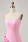 Pink Bodycon Strapless Short Homecoming Dress with 3D Flowers