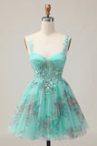 Green Corset A Line Sequins Printed Short Homecoming Dress with Lace Up Back