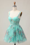 Green Corset A Line Sequins Printed Short Homecoming Dress with Lace Up Back