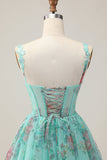 Green Corset A Line Sequins Printed Short Homecoming Dress with Lace Up Back