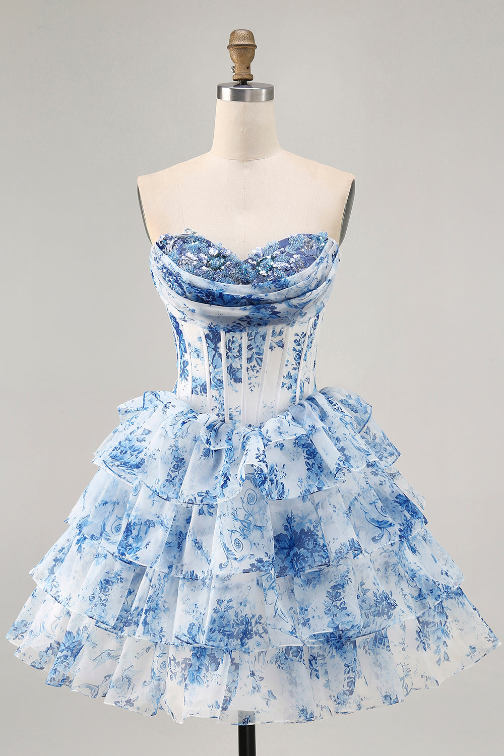 WEDTREND Women White Blue Floral Homecoming Dress Corset Tiered Printed Strapless Sequins A Line Short Prom Dress with Beading WEDTREND Women White Blue Floral Homecoming Dress Corset Tiered Printed Strapless Sequins A Line Short Prom Dress with Beading