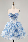 Strapless Sequins White Blue Flower Sequins Tiered A-Line Homecoming Dress