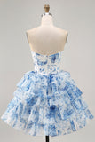 Strapless Sequins White Blue Flower Sequins Tiered A-Line Homecoming Dress