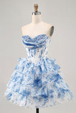 Strapless Sequins White Blue Flower Sequins Tiered A-Line Homecoming Dress