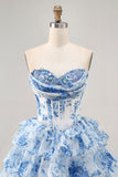 Strapless Sequins White Blue Flower Sequins Tiered A-Line Homecoming Dress