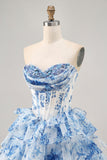 Strapless Sequins White Blue Flower Sequins Tiered A-Line Homecoming Dress