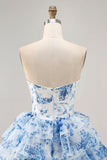 Strapless Sequins White Blue Flower Sequins Tiered A-Line Homecoming Dress