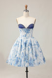 White Blue Flower A-Line Strapless Corset Homecoming Dress with Rhinestones