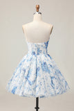 White Blue Flower A-Line Strapless Corset Homecoming Dress with Rhinestones