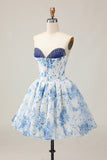 White Blue Flower A-Line Strapless Corset Homecoming Dress with Rhinestones