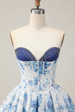 White Blue Flower A-Line Strapless Corset Homecoming Dress with Rhinestones