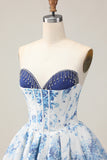 White Blue Flower A-Line Strapless Corset Homecoming Dress with Rhinestones