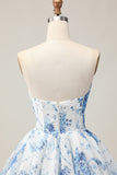 White Blue Flower A-Line Strapless Corset Homecoming Dress with Rhinestones