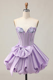 A-Line Strapless Corset Beaded Purple Short Homecoming Dress with Bow