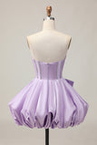 A-Line Strapless Corset Beaded Purple Short Homecoming Dress with Bow