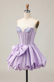 A-Line Strapless Corset Beaded Purple Short Homecoming Dress with Bow