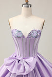 A-Line Strapless Corset Beaded Purple Short Homecoming Dress with Bow