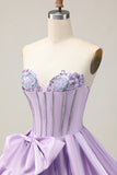 A-Line Strapless Corset Beaded Purple Short Homecoming Dress with Bow