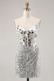 Silver Bodycon Sequins Corset Homecoming Dress with Mirrors
