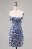 Grey Blue Corset Sequins Bodycon Homecoming Dress with Slit