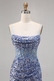 Grey Blue Corset Sequins Bodycon Homecoming Dress with Slit