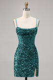 Peacock Green Bodycon Corset Sequins Homecoming Dress with Slit