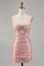 Blush Bodycon Cut Out Ruched Beaded Homecoming Dress