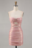 Blush Bodycon Cut Out Ruched Beaded Homecoming Dress