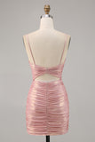 Blush Bodycon Cut Out Ruched Beaded Homecoming Dress