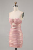 Blush Bodycon Cut Out Ruched Beaded Homecoming Dress