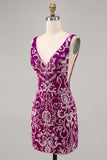 Fuchsia Bodycon V-Neck Backless Sequins Homecoming Dress