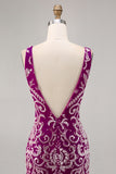 Fuchsia Bodycon V-Neck Backless Sequins Homecoming Dress