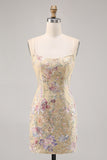 Apricot Bodycon Sequins Spaghetti Straps Short Homecoming Dress with Embroidery