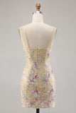 Apricot Bodycon Sequins Spaghetti Straps Short Homecoming Dress with Embroidery
