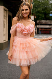 Blush Cold Shoulder Bodycon Tiered Homecoming Dress with 3D Flowers