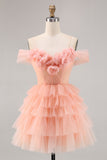 Blush Bodycon Cold Shoulder Tiered Homecoming Dress with 3D Flowers