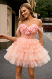 Blush Cold Shoulder Bodycon Tiered Homecoming Dress with 3D Flowers