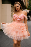 Blush Cold Shoulder Bodycon Tiered Homecoming Dress with 3D Flowers