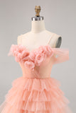 Blush Bodycon Cold Shoulder Tiered Homecoming Dress with 3D Flowers