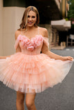 Blush Cold Shoulder Bodycon Tiered Homecoming Dress with 3D Flowers