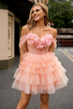 Blush Cold Shoulder Bodycon Tiered Homecoming Dress with 3D Flowers