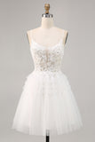 White A-Line Spaghetti Straps Tulle Short Homecoming Dress with Sequins